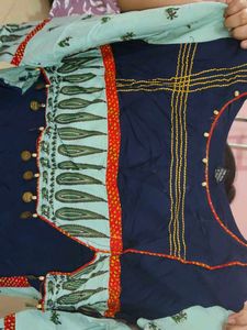 Blue Cotton Kurta with Yellow Embroidery