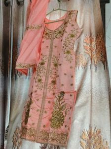 Peach Embroidered Kurta Set with Dupatta