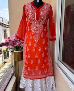 Red Chikankari Kurti Set With Sharara