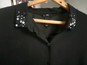 H&amp;M Black Beaded Stone Collared Shirt