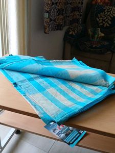 Blue &amp; White pure cotton checked saree without blo