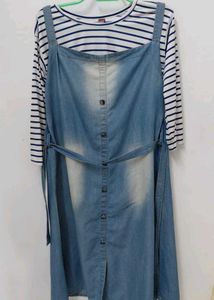 Denim Pinafore Dress with Striped Top