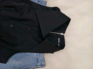 Black Collared Sleeveless Top &amp; Denim Skirt Set