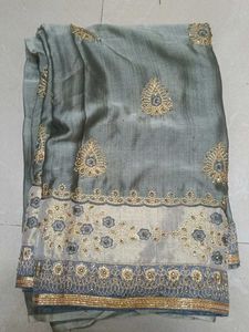 Embroidered Grey Silk Saree