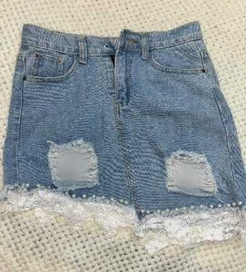 Distressed Denim Mini Skirt with Lace Trim