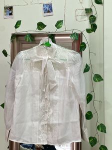 Elegant White Lace Bow Blouse