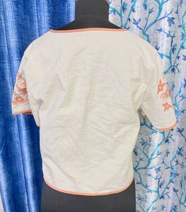 Cream Embroidered Crop Top with Front Ties
