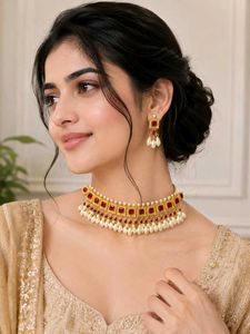 Gold Tone Red Stone Pearl Choker Necklace Set | Ad