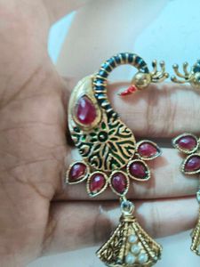 Peacock Design Earrings with Red Stones