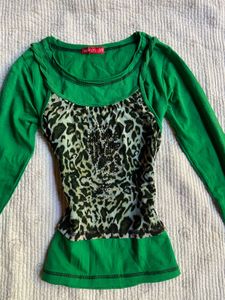 y2k vintage green leopard fitted top