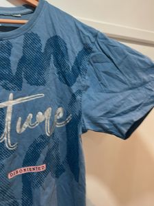 Loose Fit Blue Graphic Print T-Shirt, Bust- 40/42