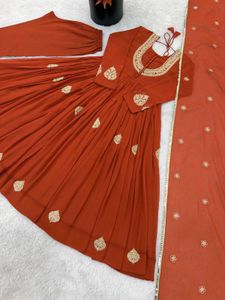 Elegant Rust Embroidered Anarkali Suit Set