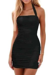 Black Halter Ruched Mini Dress
