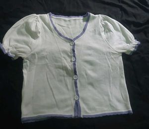 Cute White &amp; purple Puff Sleeve Blouse