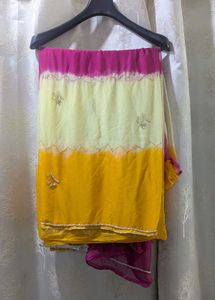 Unused Pink&amp; Yellow Ombre Chiffon Handwork Saree