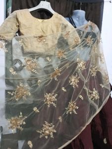 dark brown lehga with golden duppatta and blouse