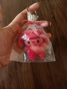 Crochet cute red bow bunny keychain