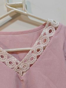Pink Cold Shoulder Lace Trim Top