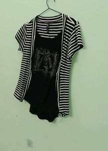 Chic Striped Cardigan Over Embellished Top