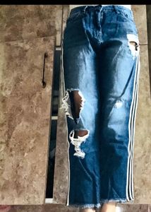 Distressed Blue Jeans with Stripes