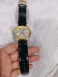Sonata Gold Dial Watch with Black Leather Strap