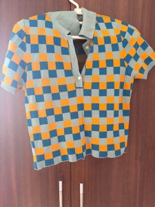 Checkerboard Knit Polo Top