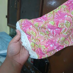Pink Floral Print Kurta with White Lace (2 kurti)