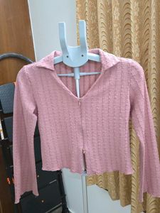 Zudio Dusty Pink Two-Way Zip Crinkle Cardigan Top