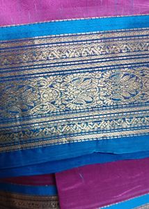 Pink Silk Saree- Blue Border with Blouse piece