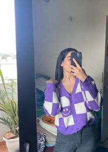 Purple & White Checkerboard Smiley Cardigan