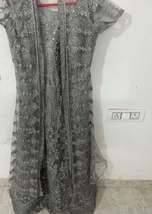 Grey Sequined Net ethnic gown with jacke