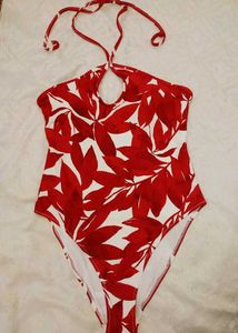 Stylish Red Floral Halterneck Swimsuit