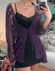 Purple Crochet tie-front Cardigan