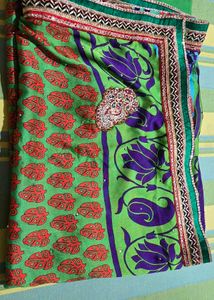 Green &amp; Blue Saree with Leaf Print.