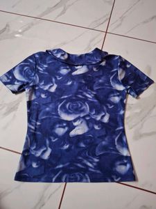 Blue Rose Print V-Neck Top