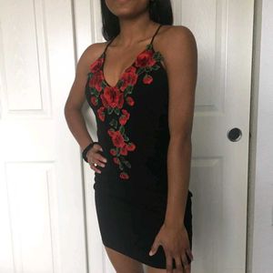 1511124. Black Floral Embroidered Mini Dress