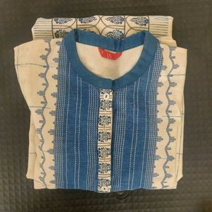 White And Blue Cotton Kurta