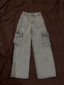 Womens Grey Wide Leg Cargo Jeans
