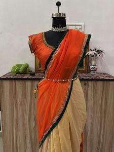 Elegant Orange & Beige Saree