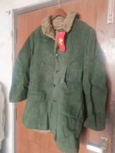Women's Green Wool Fur Collar Coat (Size-L)