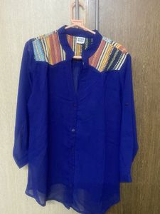 Blue Sheer Button-Up Top with Patterned Yoke