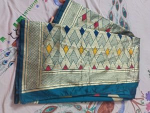 Teal Saree with Geometric Print