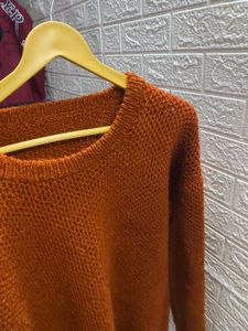 🧶 Hand-Knitted Rust Brown Textured Knit Sweater