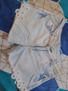 Acid Wash Denim Shorts with Lace