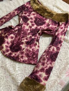 Faux Fur Trim Floral Print Top