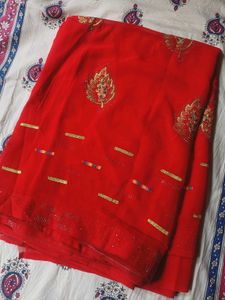 Elegant Red Georgette Saree with Golden Work