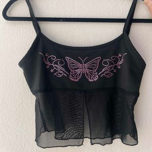 Black Butterfly Rhinestone Mesh Top