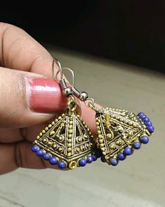 Antique Gold Jhumka Earrings with Blue Beads