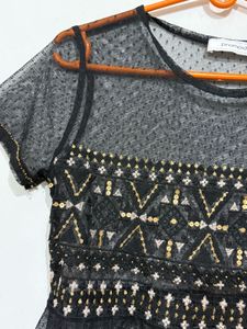 PROMOD Women Black Embroidered Semi-Sheer A-Line T