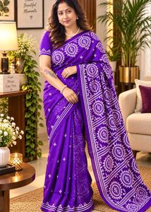 Purple Silk Saree with White Gujarati Stitch